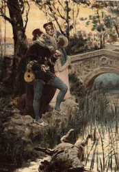 Een man en een vrouw bij een beek en een brug kijken naar het lichaam van een dier in het water. Pantagruel. Illustratie van Jules Garnier. In "Rabelais et l