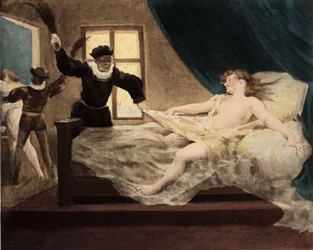 Een man die een jong meisje afranselt dat betrapt is in bed op Onschuldige Dag. Pantagruel. Illustratie door Jules Garnier. In "Rabelais et l