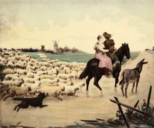 Een landhuis en een herder op een paard. Een ezel heeft hun recht. De schapen en de volgende herdershond. Pantagruel. Illustratie door Jules Garnier. In "Rabelais et l