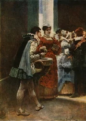 Bij de ingang van een kerk geeft Panurge water aan een vrouw. Pantagruel. Illustratie van Jules Garnier. In "Rabelais et l