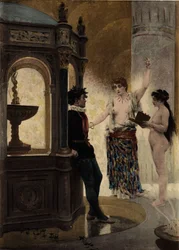 Bacbuc, pretendente van het Orakel van de Fles, en Panurge in de Tempel van de Fles. Rechts een van de dienstmeisjes van Bacbuc. Pantagruel. Illustratie door Jules Garnier. In "Rabelais et l