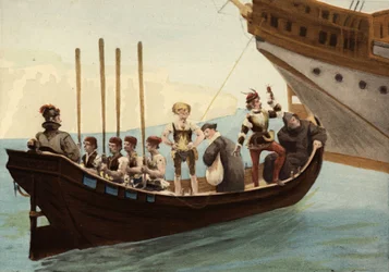 Boot in de haven van het eiland Papimania. Van rechts naar links: een monnik, een valkenier, een advocaat, een wijnmaker uit Orléans. Pantagruel. Illustratie door Jules Garnier. In 