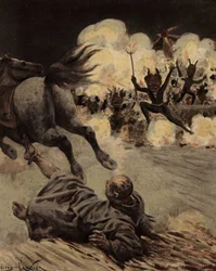 Broeder Etienne Tappecoue draineert bij zijn paard nadat hij is getroffen door dorpelingen die zich vermommen als duivel. Pantagruel. Illustratie door Jules Garnier. In "Rabelais et l