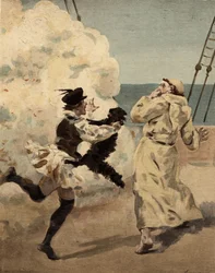 Broeder Jean, geschrokken van de kat Rodilardus die Panurge heeft. Pantagruel. Illustratie door Jules Garnier. In "Rabelais et l