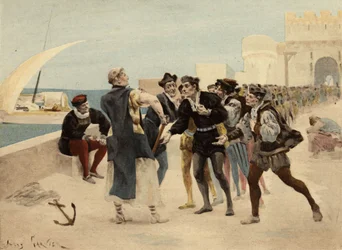 Broeder Jean, monnik van de Abdij van Seuille, biedt twintig ecu goud aan de Chiquanous voor wie zich laat slaan. Pantagruel. Illustratie door Jules Garnier. In "Rabelais et l