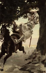 Broeder Jean, monnik van de abdij van Seuille, hangend aan de tak van een notenboom. In "Rabelais et l