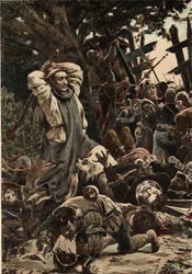Broeder Jean, monnik van de abdij van Seuille, slaat de soldaten van het leger van Picrochole, koning van Lerne, met een stok. Gargantua. illustratie door Jules Garnier. In "Rabelais et l
