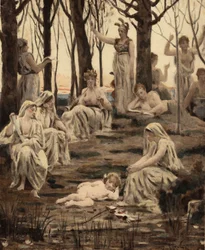Cupido (Cupido) slaapt tussen de Muzen. Zijn boog en pijlen hebben zijn voeten. Venus (Aphrodite), zijn moeder, boven in het midden. Pantagruel. Illustratie door Jules Garnier. In "Rabelais et l