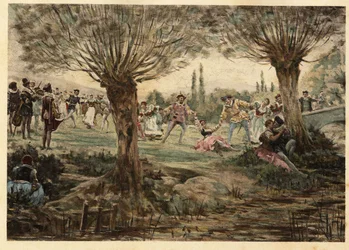 Dansers en muzikanten tijdens het Mardi Gras feest. Gargantua. Illustratie door Jules Garnier. In "Rabelais et l