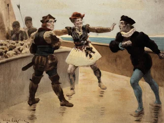 Geschil tussen Panurge (rechts) en Dindenaut (Dindenault), een koopman uit Taillbourg, die zijn zwaard afwijst. Pantagruel. Illustratie door Jules Garnier. In "Rabelais et l