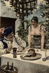 Gargantua aandachtig etend, een vrouw die hem eten serveert. Gargantua. illustratie door Jules Garnier. In "Rabelais et l