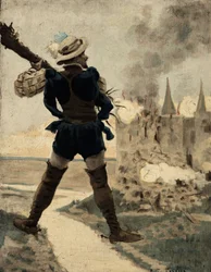 Gargantua vernietigt het kasteel van de Gue de Vede met een boom. Gargantua. illustratie door Jules Garnier. In "Rabelais et l