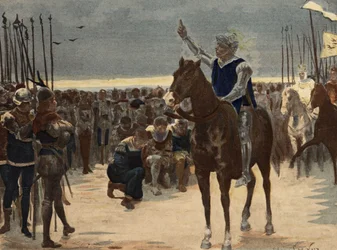 Gargantua, winnaar van het leger van Picrochole, koning van Lerne, spreekt tot de verslagenen. Gargantua. illustratie door Jules Garnier. In "Rabelais et l
