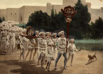 Gastrolaters rukken op naar hun God, Gaster, vol offers. Aan het hoofd van de stoet draagt een man een houten beeld met de naam Manduce aan de top van een stok. Pantagruel. Illustratie door Jules Garnier. In "Rabelais et l