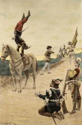Gymnast voert cabrioles uit op zijn paard waardoor de soldaten van Tripet in angst vluchten. Gargantua. illustratie door Jules Garnier. In "Rabelais et l