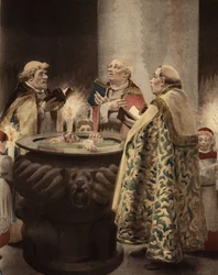 In een kapel omringen drie priesters een benitier waarin een man wordt ondergedompeld. Pantagruel. Illustratie door Jules Garnier. In "Rabelais et l