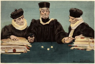 Justitie Bridoye doet recht door wat te lanceren. Pantagruel. Illustratie door Jules Garnier. In "Rabelais et l