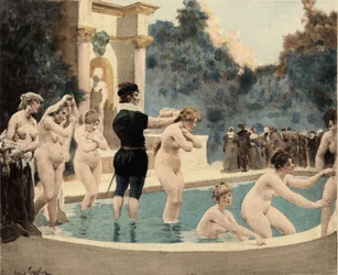 Oude vrouwen die in het water duiken en er weer uitkomen. Koninkrijk Entelechie. Pantagruel. Illustratie door Jules Garnier. In "Rabelais et l