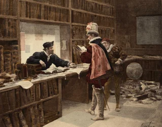 Pantagruel in de boekhandel Saint Victor in Parijs. Pantagruel. Illustratie van Jules Garnier. In "Rabelais et l