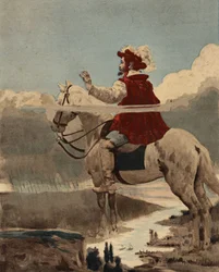 Pantagruel op zijn paard kijkt naar zijn leger in de regen. Land van de Dipsoden. Pantagruel. Illustratie door Jules Garnier. In "Rabelais et l