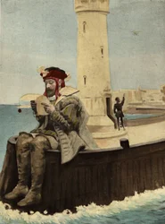 Pantagruel leest een brief van zijn vader Gargantua bij de vuurtoren van het eiland Medamothi. Pantagruel. Illustratie door Jules Garnier. "Rabelais et l
