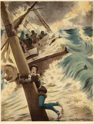 Panurge hangt aan de mat van een boot tijdens een zeestorm. Pantagruel. Illustratie door Jules Garnier. In "Rabelais et l