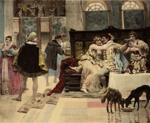 Panurge, gemaakt door Chatelain van Salmingondin (Salmigondis) in Dipsody door Pantagruel, die een feest organiseert. Pantagruel. Illustratie door Jules Garnier. In "Rabelais et l
