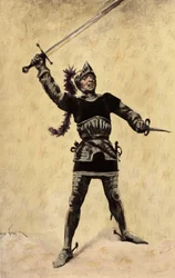 Picrochole, koning van Lerne, draagt een harnas en zwaait met zijn zwaard. Gargantua. illustratie door Jules Garnier. In "Rabelais et l