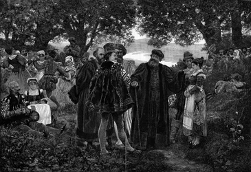 Rabelais, pastoor van Meudon. De schrijver François Rabelais (1483-1553), gastheer van een feestmaal in het bos van Meudon. Hij was van 1551 tot 1553 pastoor van Meudon. Gravure naar het schilderij van Jules Garnier (19e eeuw) in «De geïllustreerde