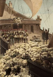 Schapen van Panurge: op de boot van Dindenaut (Dindenault), schapen en kooplieden die zich in zee werpen. Pantagruel. Illustratie door Jules Garnier. Rabelais en het werk van Jules Garnier