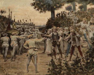 De herders bieden de Fouaciers van Lerne aan om druiven te ruilen voor fouace. Gargantua. Illustratie van Jules Garnier. In "Rabelais et l