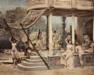 Badende vrouwen in de abdij van Theleme. Gargantua. Illustratie door Jules Garnier. In "Rabelais et l