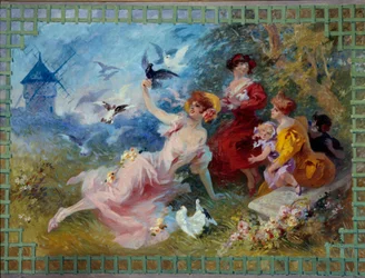 Allegorie lucht die jonge vrouwen en vogels voorstelt