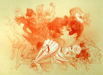 Op het bal - tekening (sanguine) door Jules Cheret (1836 - 1932) - jonge vrouwen en dansers - dans - privécollectie -