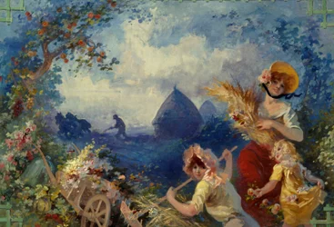 De Aarde Allegorie die jonge vrouwen voorstelt die tarwebossen vasthouden tegen een achtergrond van oogst. Karton voor wandtapijt door Jules Cheret (1836-1932) 20e eeuw Nice, Musée Cheret