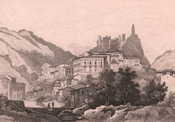 Uitzicht op Nicastro, Calabrië, Italië, staalgravure door Dunaime naar tekening van Jules Coignet