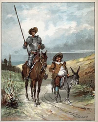 Don Quichot en Sancho Panza - illustratie uit Histoire de Don Quixote (Don Quixote) - 1887 - door Miguel de Cervantes Saavedra (1547-1616)