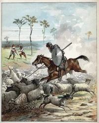 Don Quichot doodt schapen omdat hij denkt dat het ridders zijn - Don Quichot doorboort te paard de schapen die hij voor ridders aanziet - Illustratie van Jules David (1808-1892) uit Histoire de Don Quixote (Don Quixote) - 1887 - door Miguel de Cervantes