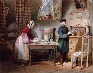 Economie. Jong stel in een huis: de vrouw zet een drankje op tafel en de man stopt een munt in een spaarvarken. Kleurgravure door Jules David (19e eeuw). Parijs, Musée Carnavalet