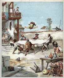 In de herberg wordt Sancho Panza mishandeld, hij roept zijn meester Don Quichot om hulp - Illustratie van Jules David (1808-1892) uit 