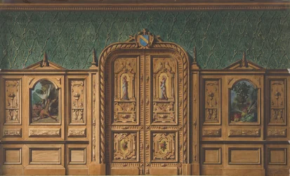 Ontwerp voor een kamer met houten panelen ingelegd met schilderijen en een zwaar bewerkte dubbele deur, 1830-97