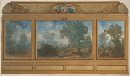 Verhoging van een gepaneeld interieur versierd met geschilderde landschappen en gewelven, 1830-97