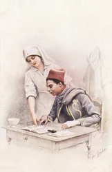 Leesles. Briefkaart uit „De oorlog der naties” met een Rode Kruis-verpleegster die een Senegalese schoenmaker leert lezen