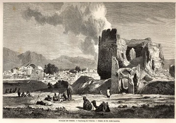 De buitenwijken van Teheran (hedendaags Iran). Tekening door Jules Laurens (1825-1901), ter illustratie van Arthur Gobineau