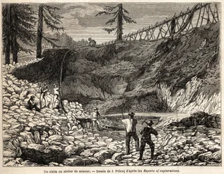 Een mijnbouwconcessie of werkplaats in Californië, tekening door Jules Pelcoq, ter illustratie van het verhaal van de reis van Baron de Wogan naar Californië in 1850-1852. Gravure in 