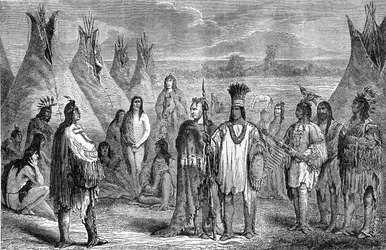 Groep Delawares Indianen in hun tipi kamp. Gravure toegeschreven aan Janet Lange, circa 1870. Illustratie van de 1888 Hachette editie van het boek 