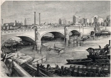 Transformaties van Parijs onder het Tweede Keizerrijk, Haussmann Parijs: werken uitgevoerd voor de brug van de Alma in Parijs voor de doorgang van de verzamelriool op de bodem van de Seine. Tekening door Jules Pelcoq. Gravure in 