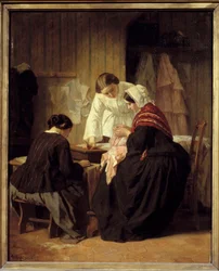 Drie vrouwen aan het naaien