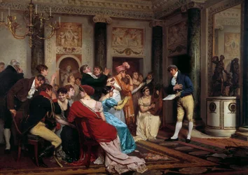 Romantiek is in de mode Lezen van een toneelstuk in een Parijse salon. (Salon Littéraire) Schilderij door Jules Worms (1832-1914) 19e eeuw Parijs, Palais du Luxembourg