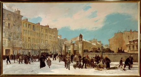 Houtwerf om te verbranden boulevard du Montparnasse in januari 1871 - Straatscène in Parijs